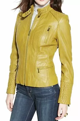 Women's Leather Jacket Genuine Soft Lambskin Stylish Yellow Leather Coat Jacket • $239.82
