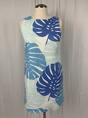 ISLAND COMPANY Classic Shift Dress 100% Linen Sleeveless Blue Palm Print XS • $35