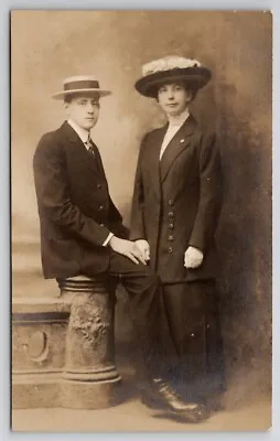 RPPC Edwardian Couple Lady Large Hat Sports Suit Man Boater Hat Postcard S28 • $9.95