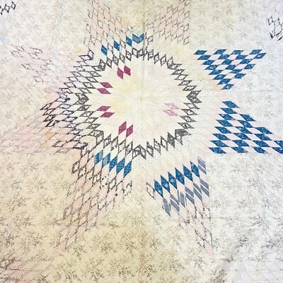 $99.99 • Buy Antique Vintage Handmade Quilt Lone Star Cotton Pink Blue Flowers Feedsack