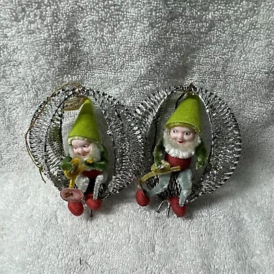 Vintage Celluloid Pixie In Silver Oval Mesh Christmas Ornament Lot 2 Japan V29 • $35.99