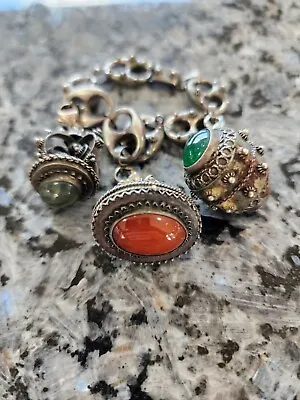 Vintage 3 Charm Etruscan Bracelet 800 Silver Cabochon Carnelian Filigree Poison  • $198.85