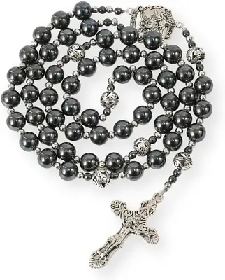 Hematite Rosary Black Stone Beads Necklace Metal Beaded St. Michael Medal & Cros • £20.99