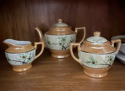 Vintage JAPANESE LUSTERWARE Teapot Sugar Bowl Creamer Peach & Gold Porcelain • $35