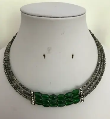 Handmade 3 Strand Memory Wire Necklace With Green Glass & Metal Beads • £10