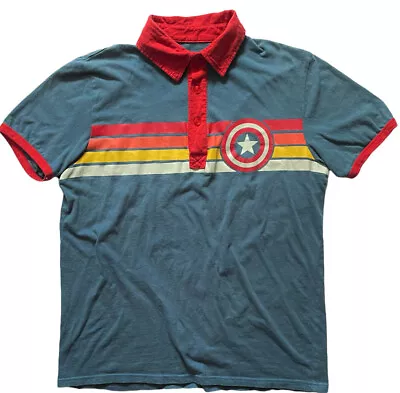 We Love Fine MARVEL Captain America Mens Small Polo Shirt USA Blue Red Yellow • $9.95
