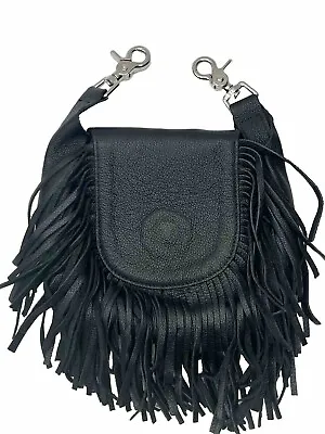 Genuine Leather Biker Bag Fringe Clip On Purse Black  Motorcycle Pouch • $35