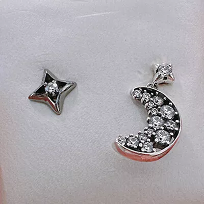 NEW 925 Sterling Silver Sparkling Crescent Moon And Star Stud Earrings Clear CZ • $19.99