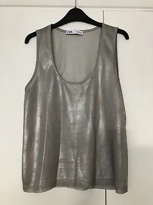 £7.50 • Buy Zara Womens Silver Shiny Metal Look Tank Vest Top Size M