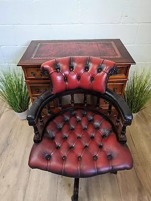 Small Vintage Red Leather Top Writing Desk Swivel Captains Chair  • £775