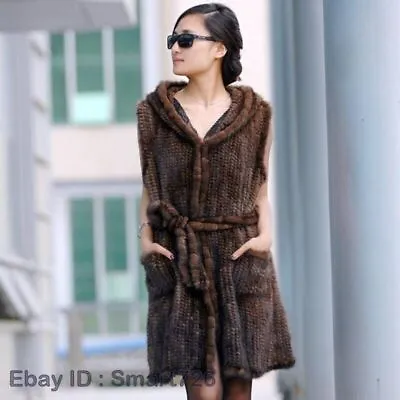 New Genuine Knitted Mink Fur Vest Hooded Mink Fur Vest Warm Winter Fur Coat • $288.39