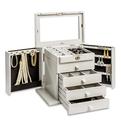 $119.99 • Buy Large Wooden Jewellery Boxes Storage Mirror Cabinet Rings Display Lock Organiser