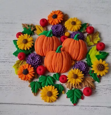 Fondant Pumpkin Sunflowers Autumn Leaves Edible Decorations For Cake/Cupcake • £12.75