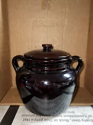 Vintage Ceramic Bean Pot ~ Side Handles ~ Lid ~  Brown Glazed ~ USA ~ 7  X 8.5  • $30