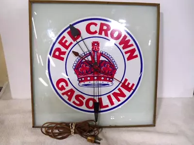 Vintage RED CROWN GASOLINE Electric Clock 15 1/2 X 15 1/2   X 3 1/2   D  WORKING • $275