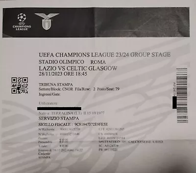 E - TICKET UEFA Champions League 28.11.2023 S.S. Lazio Vs Celtic FC # 279 • £2.98