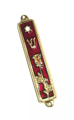 Judaica Red Enamel Gold Tone Mezuzah Case Rose Magen David Decoration 7 Cm • $9.90