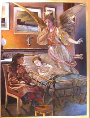 Art Print~GUARDIAN ANGEL(with Child In Bed) Sick~Foil~Victorian Vtg Repro 9x12 • $7.49