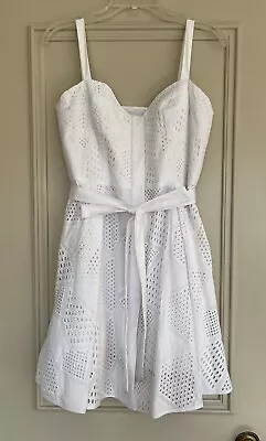 Milly White Lace Eyelet Dress Zip Front With Belt Fit And Flare Size 8 • $59.99