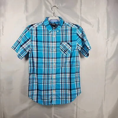Chaps Button Down Plaid Shirt Blue White Navy 1 Pocket Youth Sz L (14/16) • $11