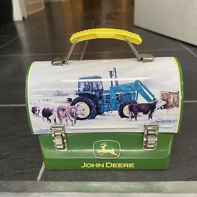 John Deere Small Tin Metal Lunch Box W/ Latch Collectible Tractor Loader Cows • $18.03