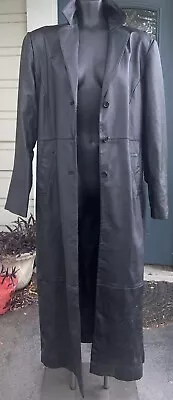 VTG Newport News Women's Genuine Leather Full Length Trench Coat Black Size L • $29.99