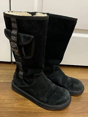 Ugg Australia Black Leather Boots 1895 Tall Side Pocket Sheepskin Lining Size 8 • $30