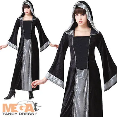 Gothic Vampire Ladies Fancy Dress Adults Hooded Halloween Womens Black Costume • £9.99