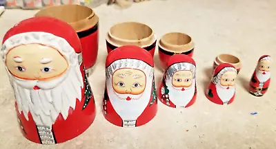 Vintage Set Of 5 Wooden Hand Painted Santa Claus Russian Nesting Dolls 5 1/2  • £13.50