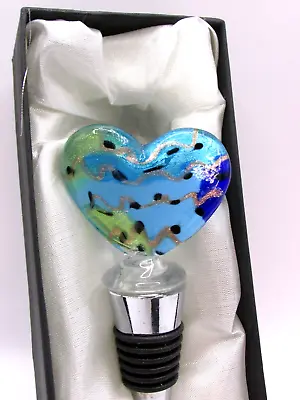 New MURANO Art Glass Wine Stopper Heart Aqua Blue And Gold • $14.99