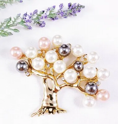 (W) Vintage Tree Of Life Large Faux Pearl Cluster Gold RHINESTONE BROOCH PIN • $19.99
