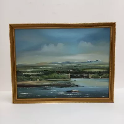 D Roberts Oil Painting Signed Menai Suspension Bridge Welsh Landscape RMF03-SJT • £7.99