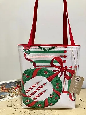 Vintage Christmas Wreath Candles Tree Ornaments Stripes Tablecloth Tote Bag NEW • $37