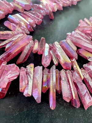 Pink Quartz Titanium Coated Crystal Points Rough Sticks Spikes Point Bead Strand • $12