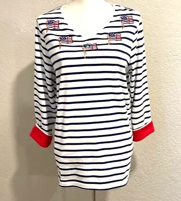 Quacker Factory QVC Women's Blue White Stripe Sequin Flags USA Patriotic SZ • $14.95