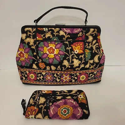 Vera Bradley Large Leather Trim Frame Top Bag Handbag Suzani Matching Wallet • $25