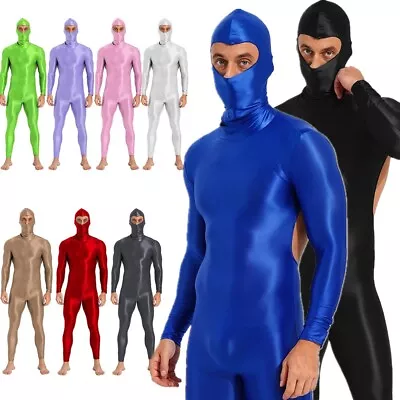 Mens Glossy Long Sleeve Bodysuit Solid Color Open Face Jumpsuit Bodystocking • $7.89