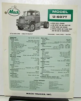 1965 Mack Truck Model U 607T Specification Sheet. • $12.17