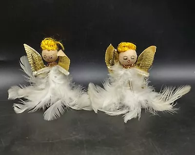 Pair Of Vintage Angel Feather & Papier Mache Christmas Ornaments W/ Gilded Wings • $19.95