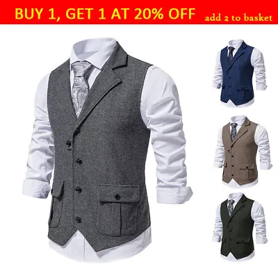 Mens Herringbone Tweed Lapel Waistcoat V-Neck Sleeveless Vest Vintage Suit Vest • £14.99