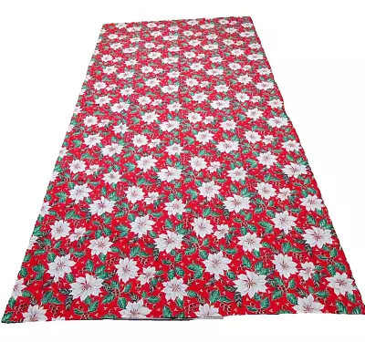 Vintage Handmade Christmas Red White Poinsettia Cotton Tablecloth 57  X 114  • $16.19