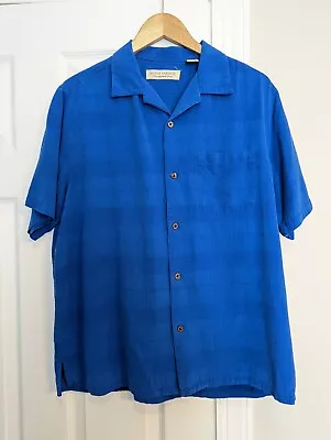 Men's 100% Silk Tropical Shirt Size L By Island Republic Blue Wood Buttons  • $25