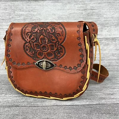 Vintage Leather Tooled Primitive Saddle Crossbody Purse Bag - Brown • $27.20