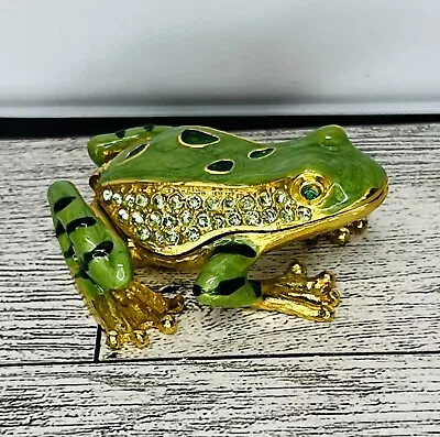 Frog Metal Magnetic Hinged Trinket Box Ring Enamel Jeweled Crystals • $15