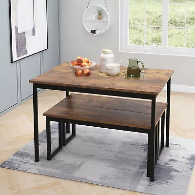 Dining Table And Chairs Set Metal Frame Wood Effects Table Dining Set 2 Bench • £79.99