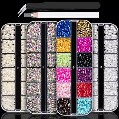 4 Boxes Flat Back Rhinestone&Pearls Kits Flatback Round Glass Crystal AB Gems+Co • $19.99