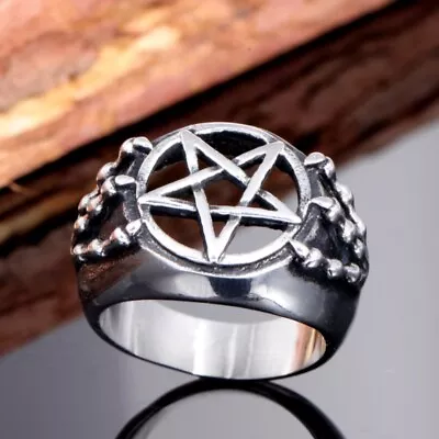 Stainless Steel Skeleton Skull Hand Inverted Pentagram Ring Satan Punk Jewelry • $8.59