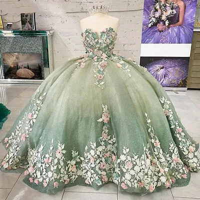 Light Green Quinceanera Dresses Sweet 16 Pageant 3D Floral Beaded Prom Ball Gown • $152.99