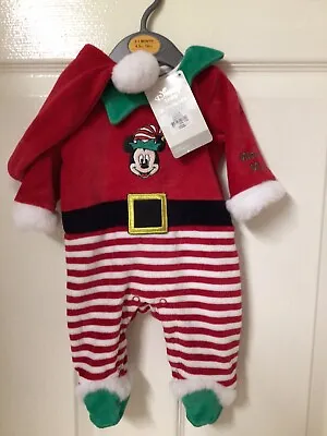 New Baby 0-1 Months Disney Xmas Mickey Mouse Outfit Grow Santa Elf Suit & Hat • £7.99