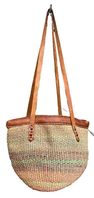 Vtg Sisal Bucket Basket Purse Market Tote Bag Leather Handles Woven Jute Raffia • $58